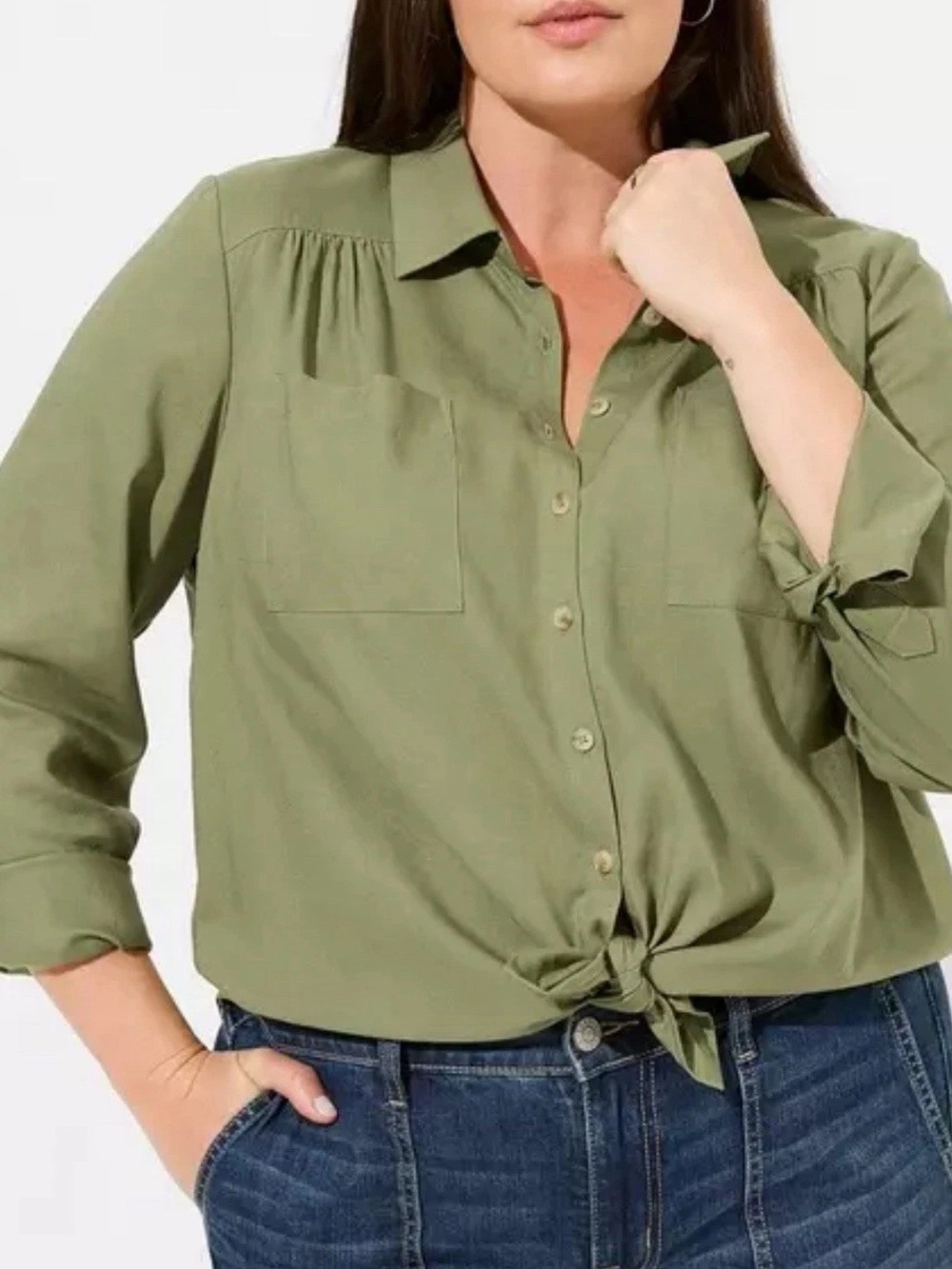 NEW Torrid Madison Linen Button Up Long Sleeve Shirt Size 2X Olive Green Drapey